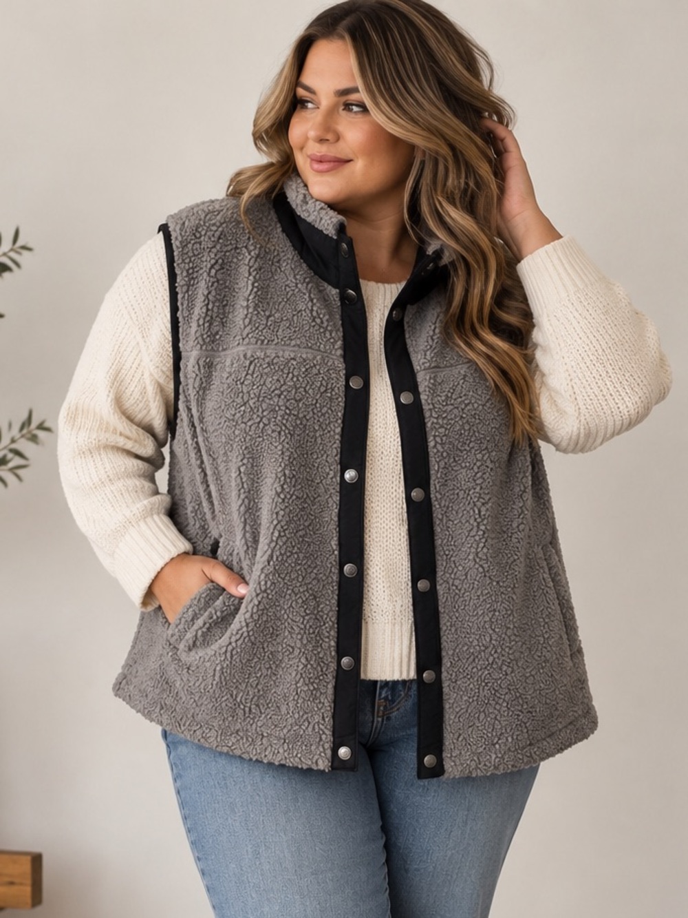 Natural Reflections Sherpa Fleece Vest Oversized Gray Black Cabin Western